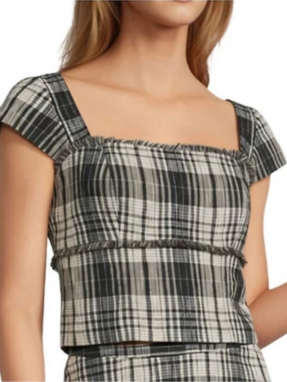 ANTONIO MELANI Gretchen Square Neck Top 4 Short Sleeve Plaid Blouse Black White